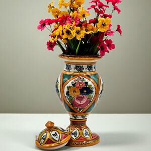 Peruvian Majolica Floral Lidded Urn Vase Hand Painted FCA Pottery 11"